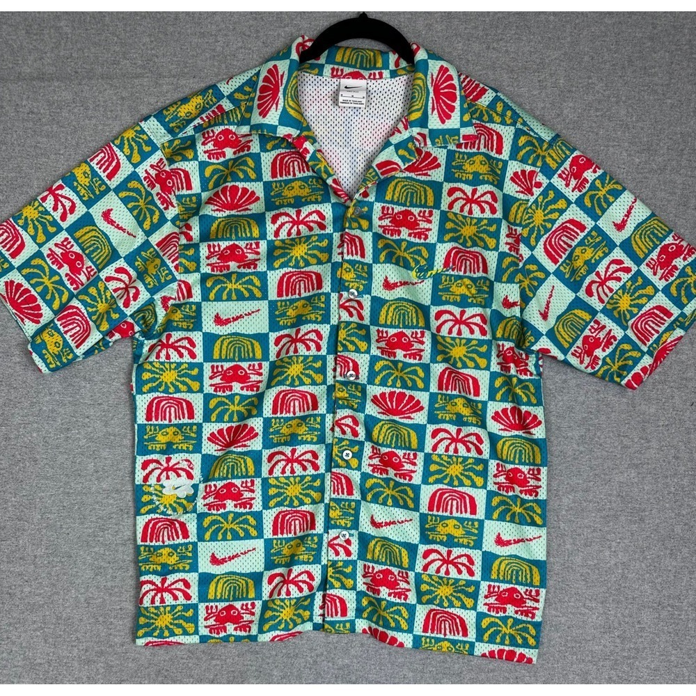 Nike Shirt Dri-FIT‎ Mesh Mens M Hawaiian Resort Camp Green Red Yellow